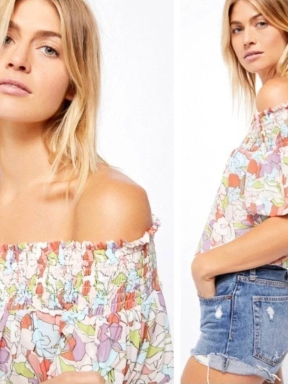 ☀️ FREE PEOPLE Technicolor Bubble Top Off The Shoulder Crop Colorful Small Mesh